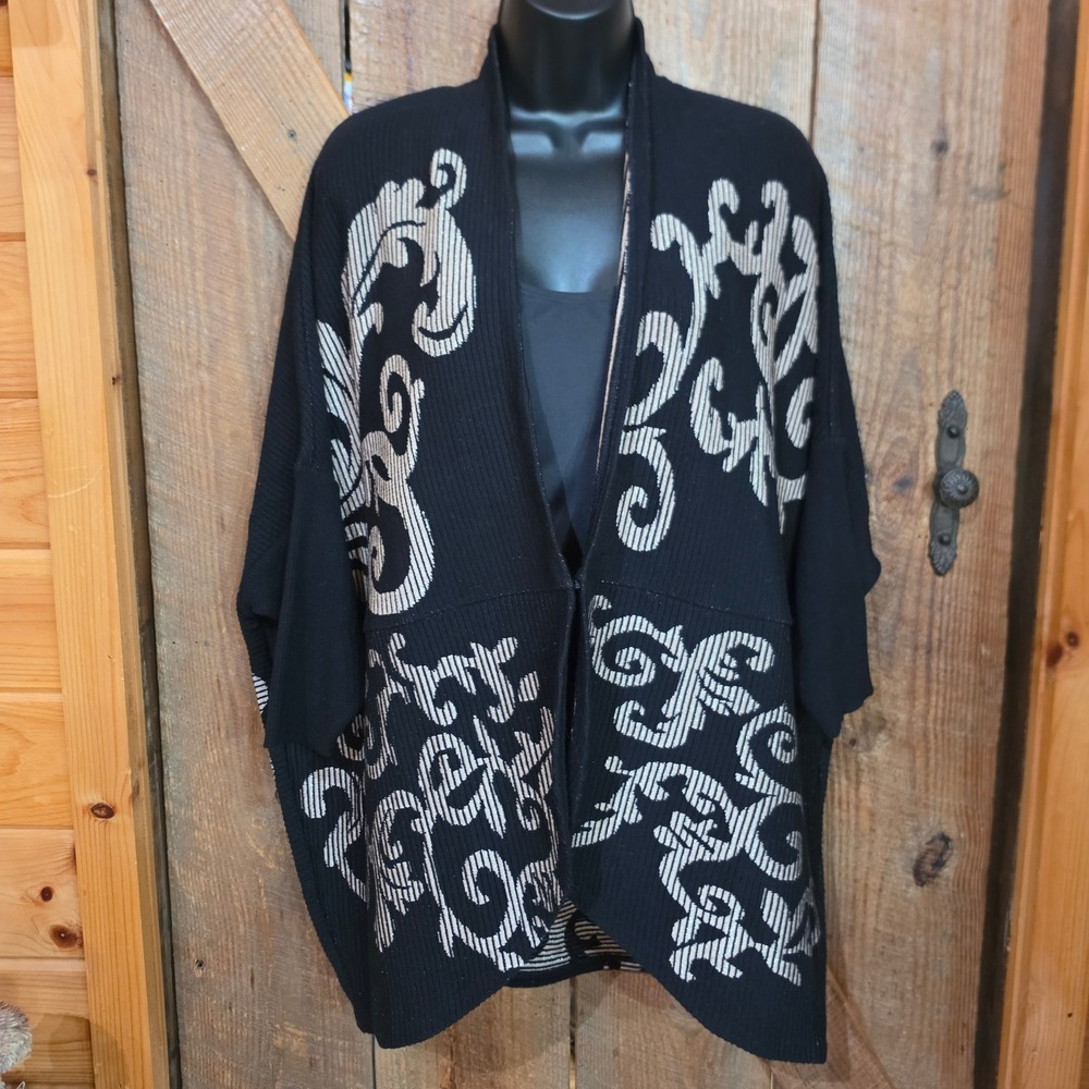 Chico's Black Beige Ottoman Jacquard Cocoon Cardigan Sweater L/XL Tag Omitted